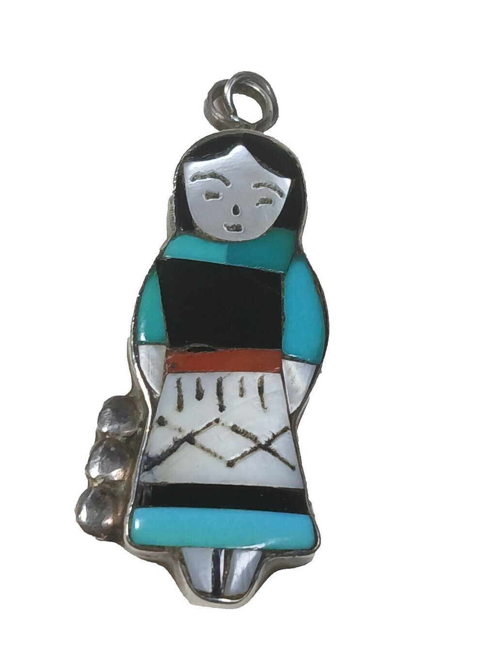 Native American Turquoise S Silver Jet M.O. Pearl Inlay Pendant Signed Waseta